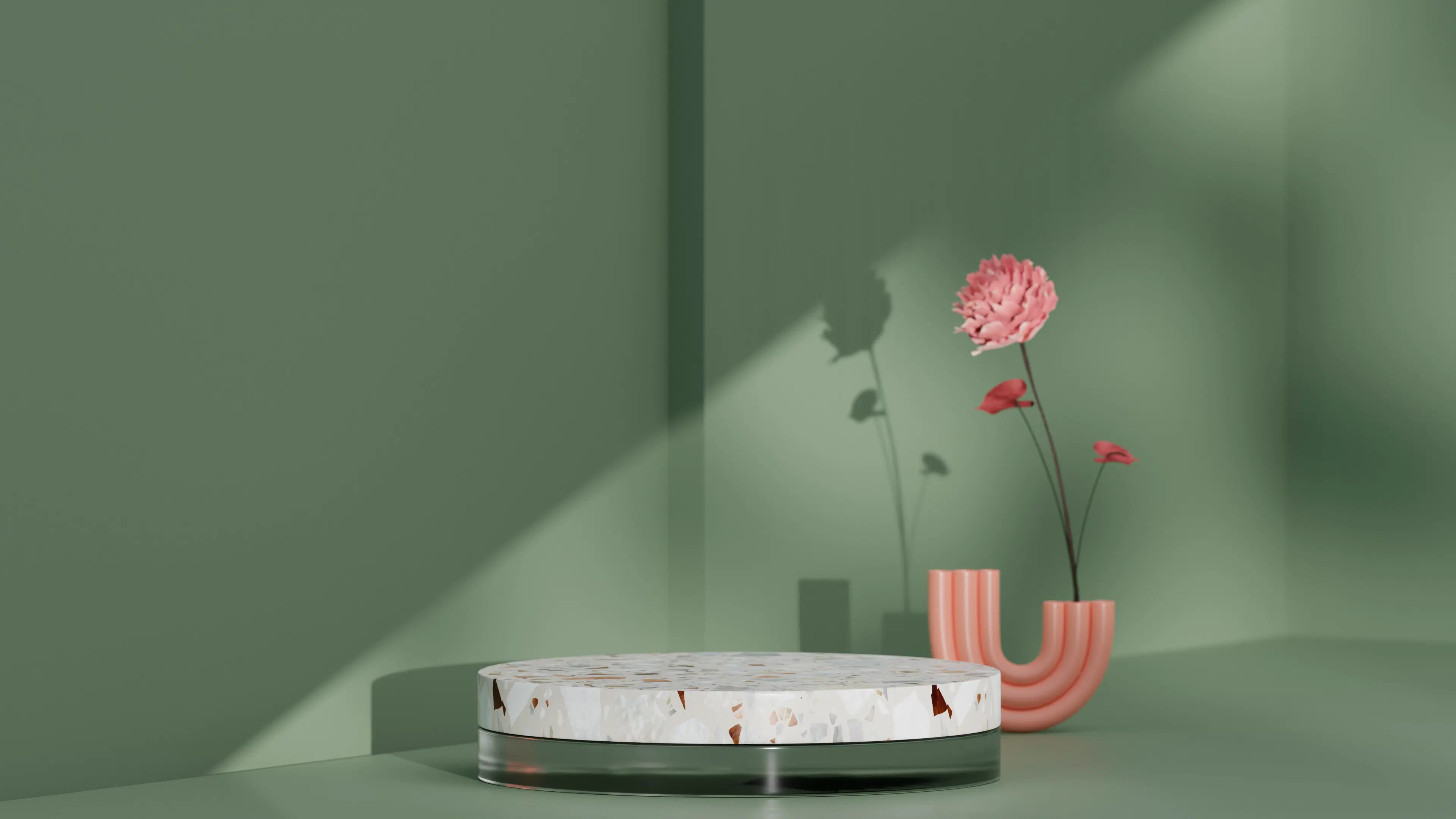 Modern green interior with podium decor and floral arrangement