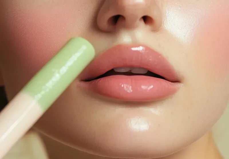 Close-up of professional lipstick makeup application