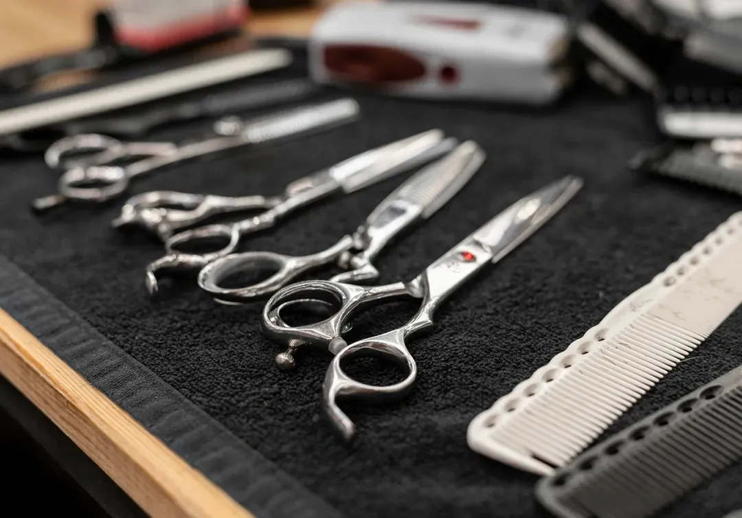Professional hair styling tools including scissors, combs and salon equipment
